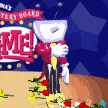 a cartoon character is standing in front of a sign that says ' me '