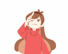 a drawing of a girl in a red shirt pointing at a heart