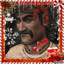 a picture of a man with a mustache is surrounded by christmas decorations and says " you little pissante "