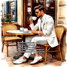 a man in a suit sits at a table with a cup of coffee