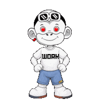 a cartoon character wearing a white shirt that says work