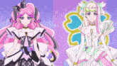 a girl with pink hair is standing next to another girl
