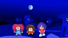 three cartoon characters are standing in front of a moon