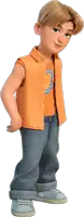 a cartoon boy wearing an orange vest and a blue shirt with the number 3 on it