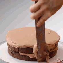 a person is frosting a chocolate cake with a knife and the word plus is on the bottom