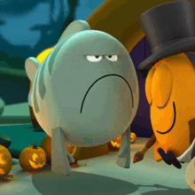 a cartoon character with a sad face standing next to another character