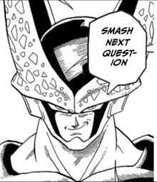 a black and white drawing of a cartoon character with a speech bubble that says smash next question