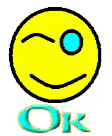 a smiley face with blue eyes and the word ok below it