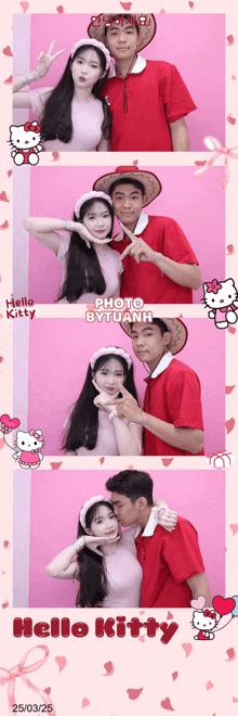 a hello kitty photo booth with a man kissing a girl