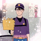 a cartoon of a man in a purple uniform with the name mike de miya written below him