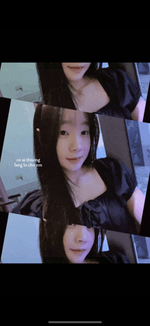 a woman in a black dress is taking a selfie with the words co si thuong lang to cho em below her