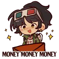 a cartoon of a girl with 3d glasses and the words money money money below her