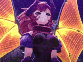 a cartoon character with purple hair and wings is smiling