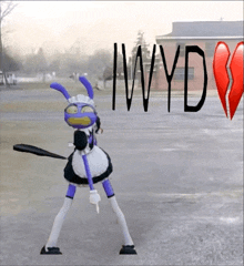 a cartoon character is standing in front of a broken heart and the word " wyd " on the bottom