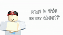 a picture of a roblox character with the words " what is this server about " below him
