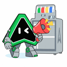 a cartoon of a robot holding a megaphone in front of a machine