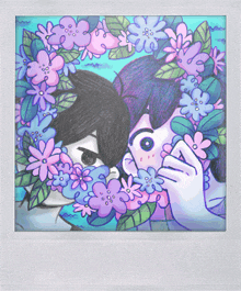 a drawing of a boy surrounded by pink and blue flowers