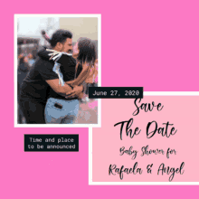a save the date announcement for a baby shower for rafaela and angel