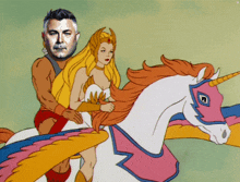 a cartoon of a man riding a unicorn with a woman on it