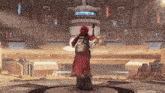 a person in a red coat holding a gun in front of a building that says ' a ' on it