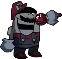 a cartoon drawing of mario holding a red ball in his mouth