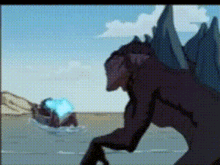 a cartoon of a monster standing in front of a boat in the water .