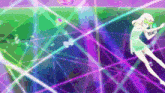 a girl in a green dress is surrounded by purple lines