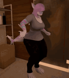 a cartoon character with a shark tail is standing in front of a door