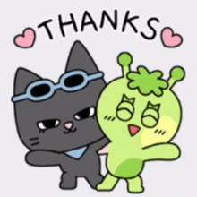 a black cat and a green alien are standing next to each other with the words " thanks " written above them