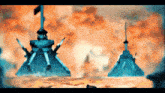 a computer generated image of a castle with a flag on top