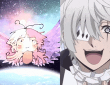 a drawing of a girl with wings next to a drawing of a man with a mask on his face
