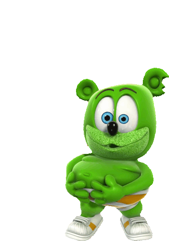 a green gummy bear with blue eyes is holding a ball