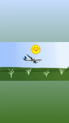 a plane is flying over a grassy field with a smiling sun in the sky