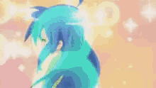 a cartoon character with blue hair is giving a thumbs up