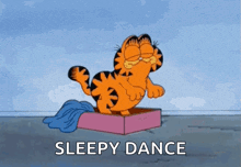 a cartoon of garfield dancing in a box with the words sleepy dance below him