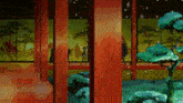 a painting of a building with trees and a bridge