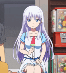 a girl with white hair is holding a watermelon slice in her hand