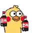 a yellow cartoon chicken is holding two bottles of coke .