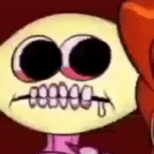 a cartoon skeleton with braces on his teeth is standing next to another skeleton .