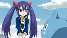 a girl with blue hair is sitting next to a blue cat