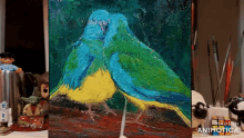 a painting of two birds with the words made in animatica on the bottom