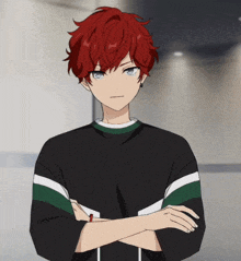 a young boy with red hair and blue eyes is standing with his arms crossed