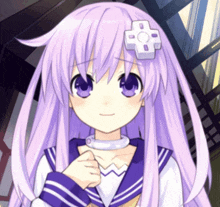 a girl with purple hair and a white cross on her hair