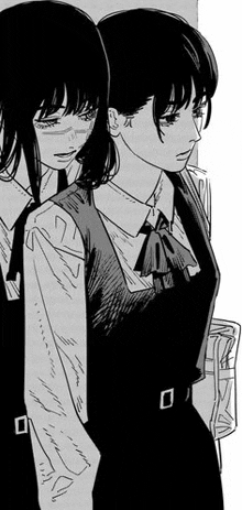 a black and white drawing of two girls standing next to each other in a school uniform .