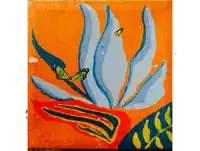 a colorful painting of a flower with butterflies flying around it
