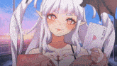 a girl with white hair and red eyes is holding a letter that says to chat