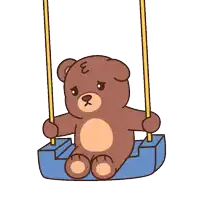 a brown teddy bear is sitting on a blue swing with the letter e on its face