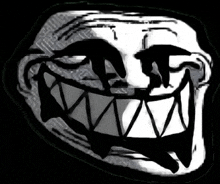 a black and white drawing of a troll face with big teeth .