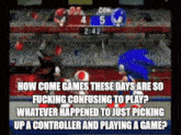 sonic the hedgehog is playing a video game with a controller .