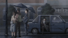 a group of people are standing under umbrellas in front of a car